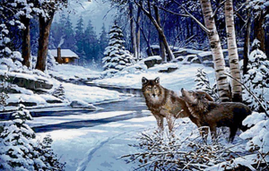 Волки в зимнем лесу - лес, зима, волки - предпросмотр