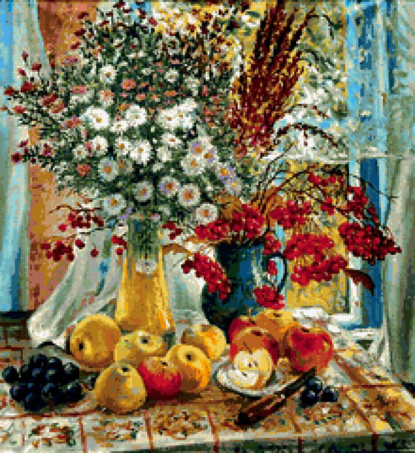 Цветы - букет, натюрморт, цветы, яблоки, ромашки, осенний - предпросмотр