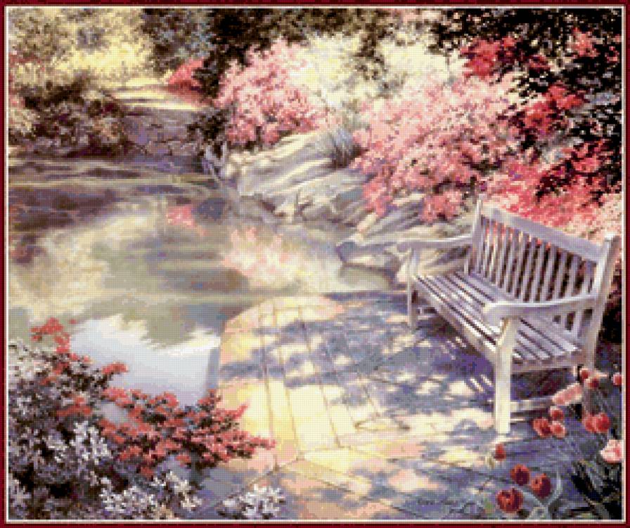 Пруд в саду - сад, цветы, пейзаж, пруд - предпросмотр