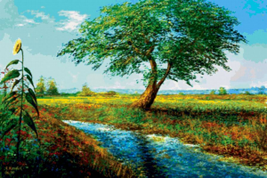 Река в поле - природа, река, поле, дерево, пейзаж - предпросмотр