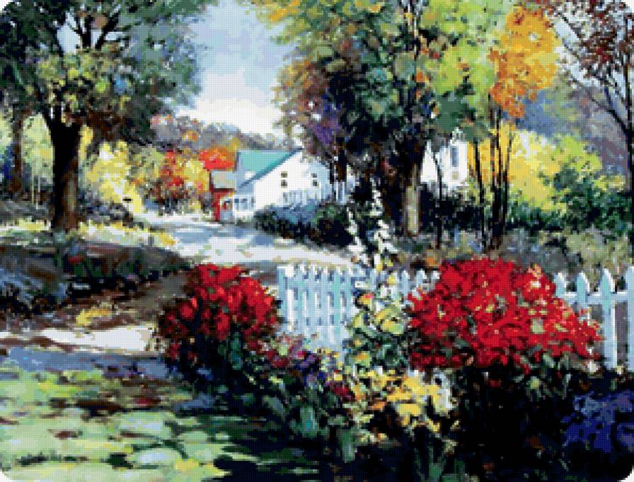 Живопись - имперессионисты, кент уоллис, дерево, картина, цветы, дом, природа - предпросмотр