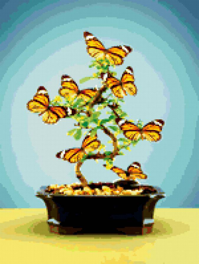 бонсай с бабочками - бабочки, деревья - предпросмотр