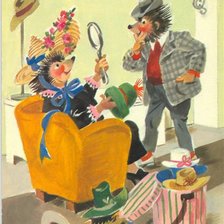 Схема вышивки «Серия ёжики "Выбираем шляпку"»