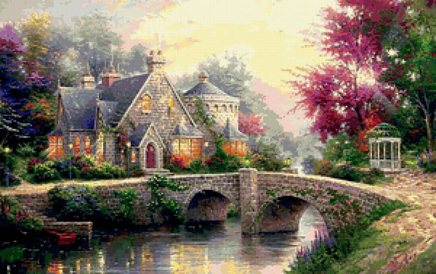 Красивый домик у речки - пейзаж, речка, домик, мост - предпросмотр