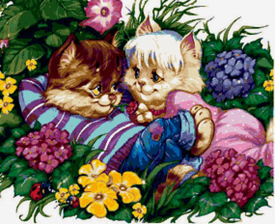 Симпотяшки - лето, игрушки, цвты, кошки, пара, детям - предпросмотр