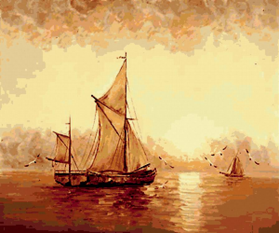 Парусник - монохром, море - предпросмотр