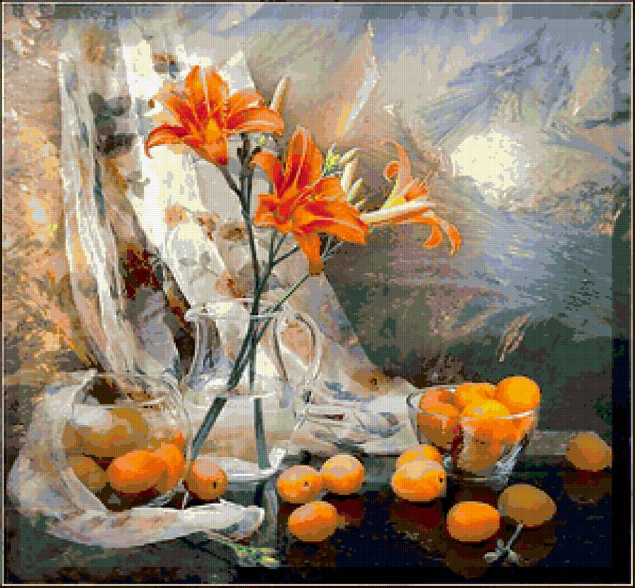 натюрморт - букет, лето, абрикосы, лилии, натюрморт, цветы - предпросмотр