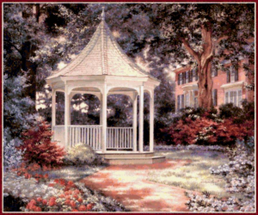 Беседка в саду - сад, пейзаж, беседка, цветы - предпросмотр