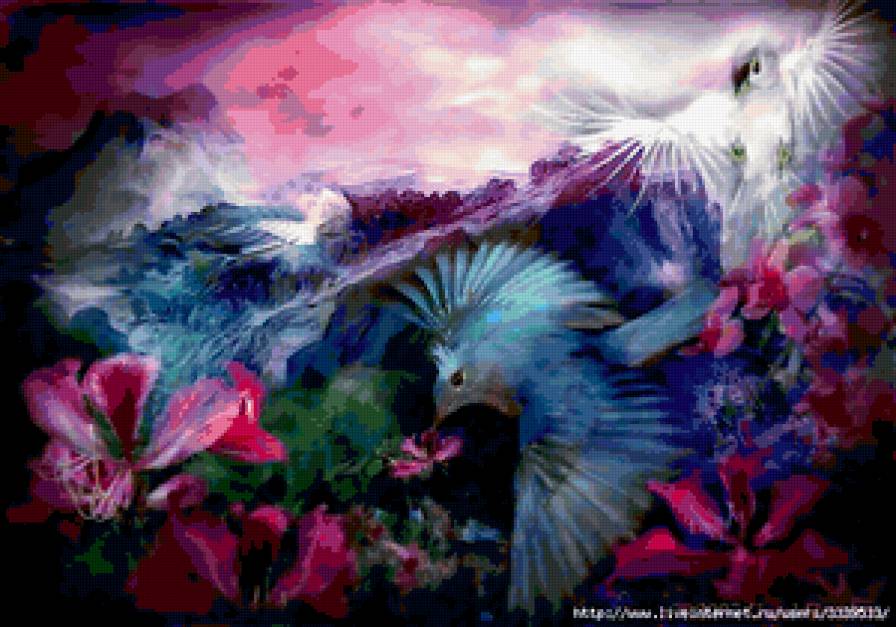 Синяя птица. - птица, абстракция, цветы - предпросмотр