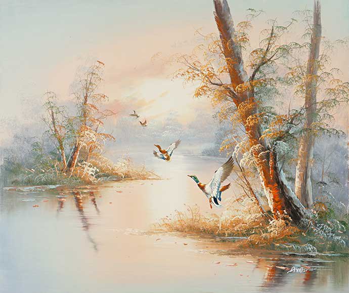 утки над озером - утки, природа, озеро, утро - оригинал