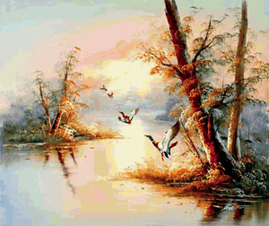 утки над озером - озеро, утки, природа, утро - предпросмотр