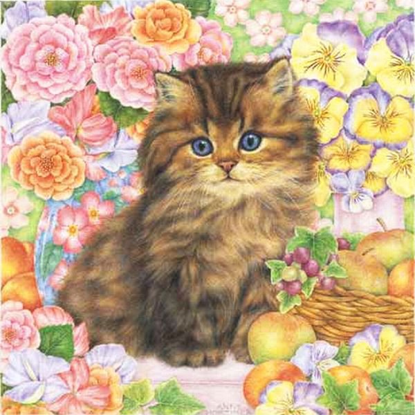 Серия "Кошки" - цветы, букет, животные, кошки, подушка - оригинал