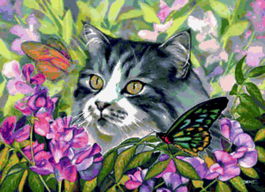 Серия "Кошки" - бабочки, кошки, букет, цветы, животные - предпросмотр