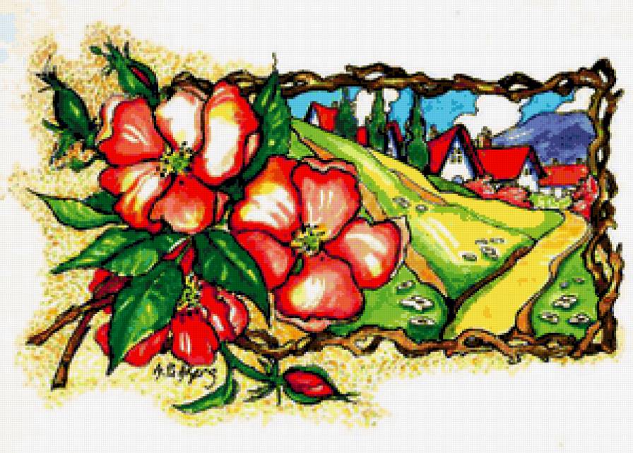 пейзаж - сад, цветы, настурция, домик, деревня, дорога, природа, пейзаж - предпросмотр