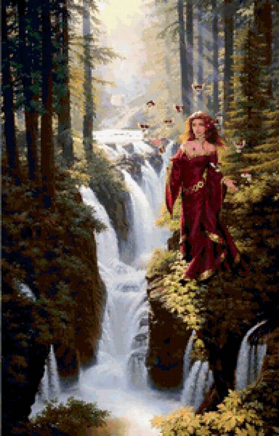 Лесной водопад - лес, девушка, река, водопад - предпросмотр
