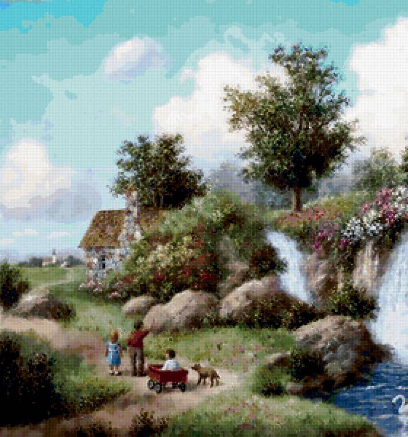 Дети у домика - дом, водопад, озеро, сад, дети - предпросмотр