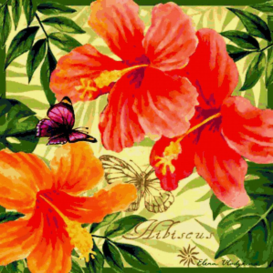 Подушка "Гибискусы" - бабочка, подушка, гибискусы, гибискус, тропики, подушки, цветы - предпросмотр