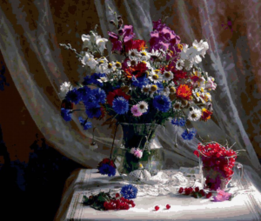 натюрморт - цветы, букет, ягоды, натюрморт, лето - предпросмотр