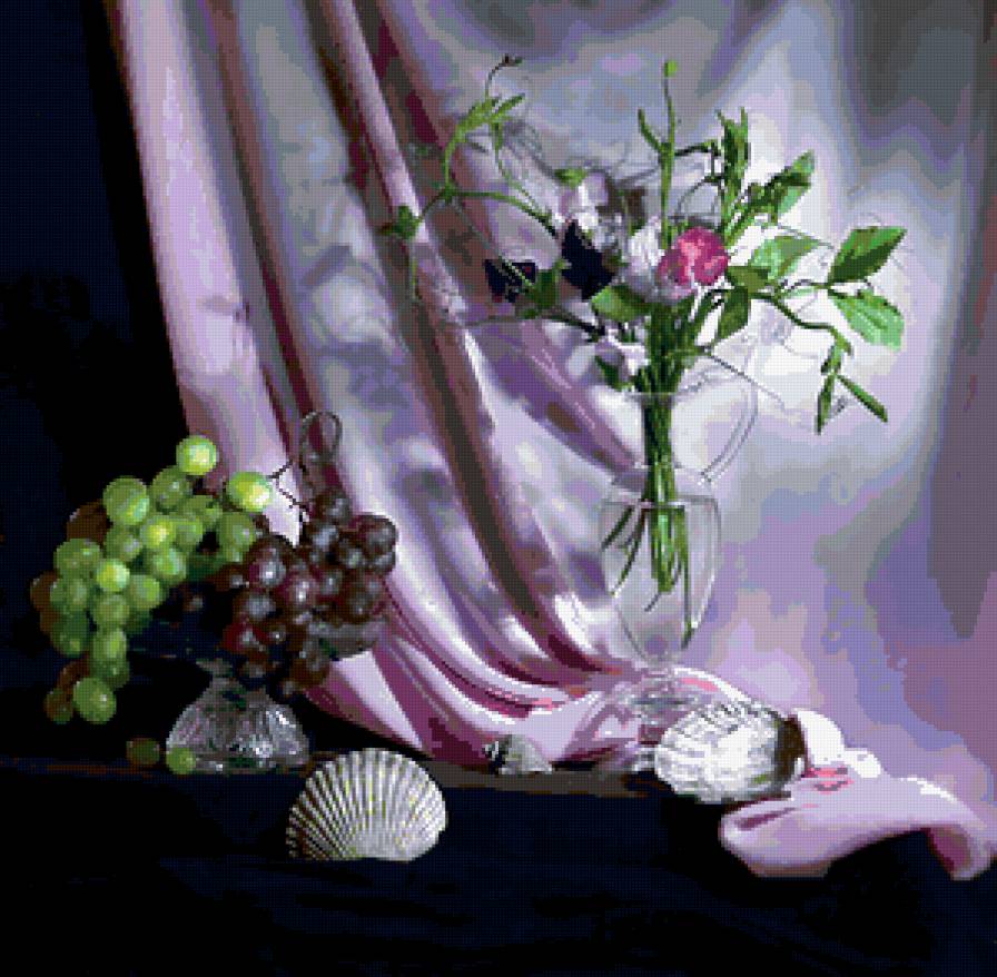 натюрморт - лето, виноград, букет, цветы, натюрморт, фрукты - предпросмотр