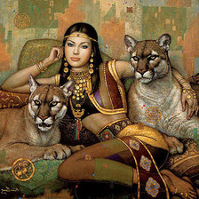 Схема вышивки «Девушка с кошками»