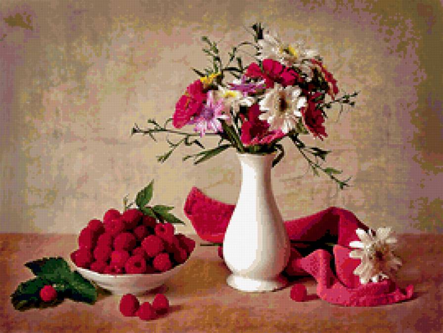 Натюрморт с малиной - натюрморт, цветы, малина - предпросмотр
