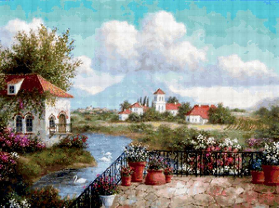 Домик у реки - река, пейзаж, лебеди, домик - предпросмотр