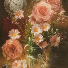 Схема вышивки «Букет и часы»