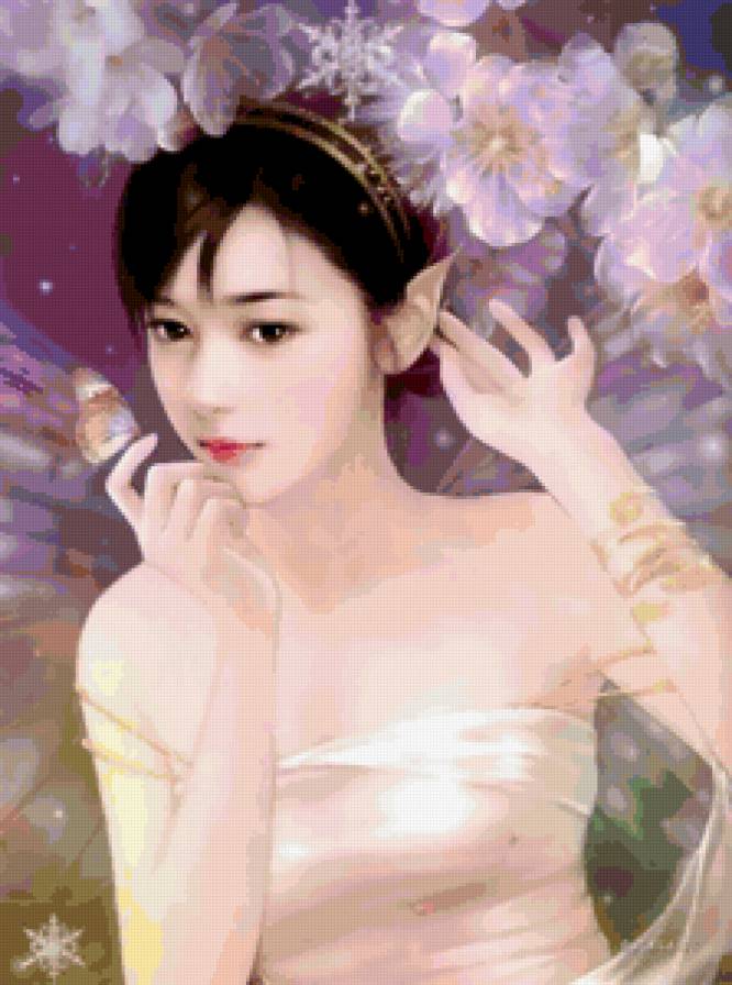 Садов цветение - живопись, люди, эльфы, девушка, фэнтези, портрет - предпросмотр