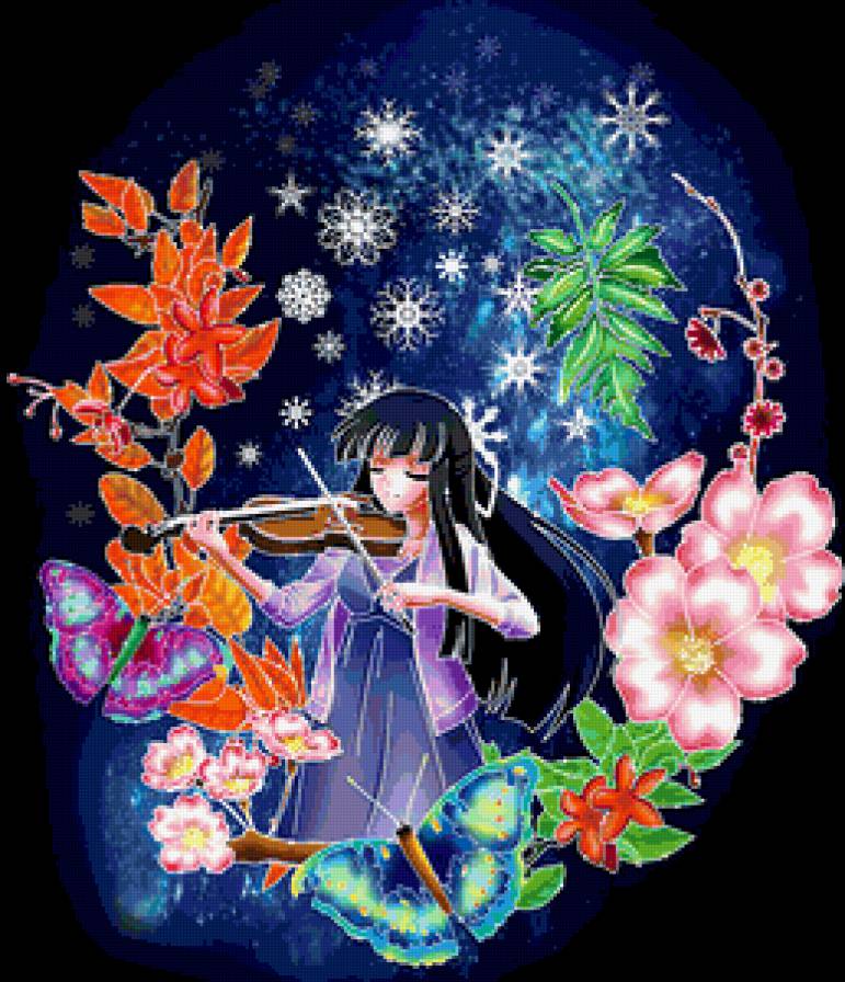 Скрипачка - бабочки, аниме, музыка - предпросмотр