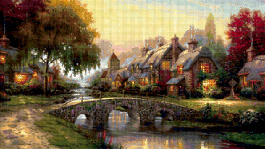 №399482 - река, цветы, дома, мост, деревья, живопись, пейзаж - предпросмотр