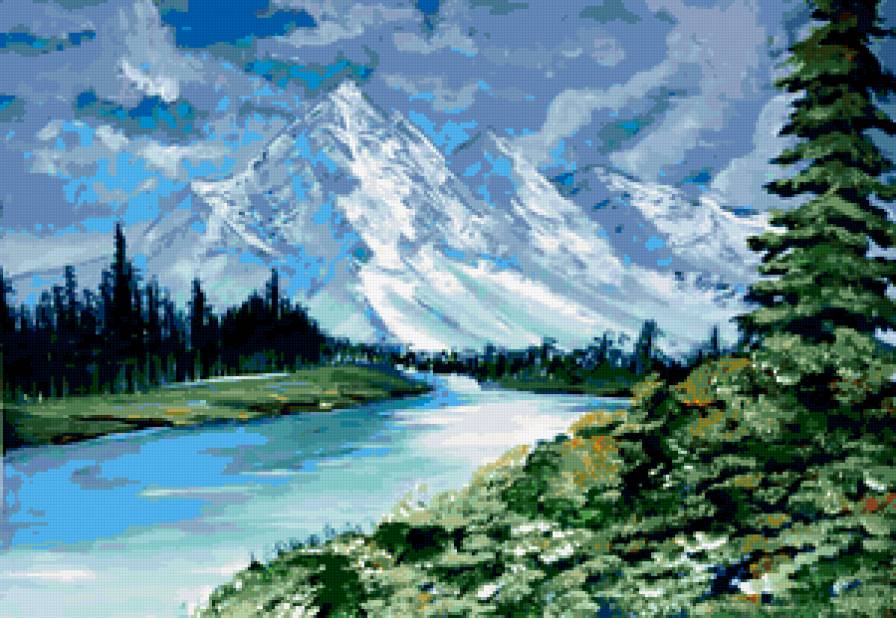 №399487 - живопись, пейзаж, река, горы, природа, деревья - предпросмотр