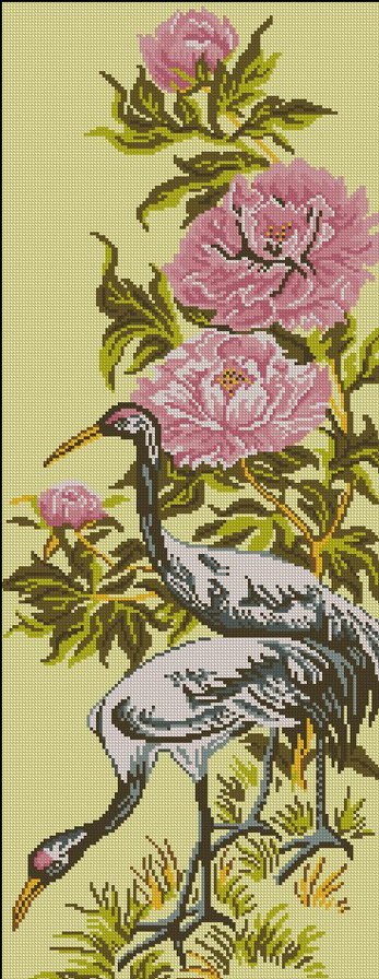 журавли и пионы - журавли, цветы, птицы, пионы - оригинал