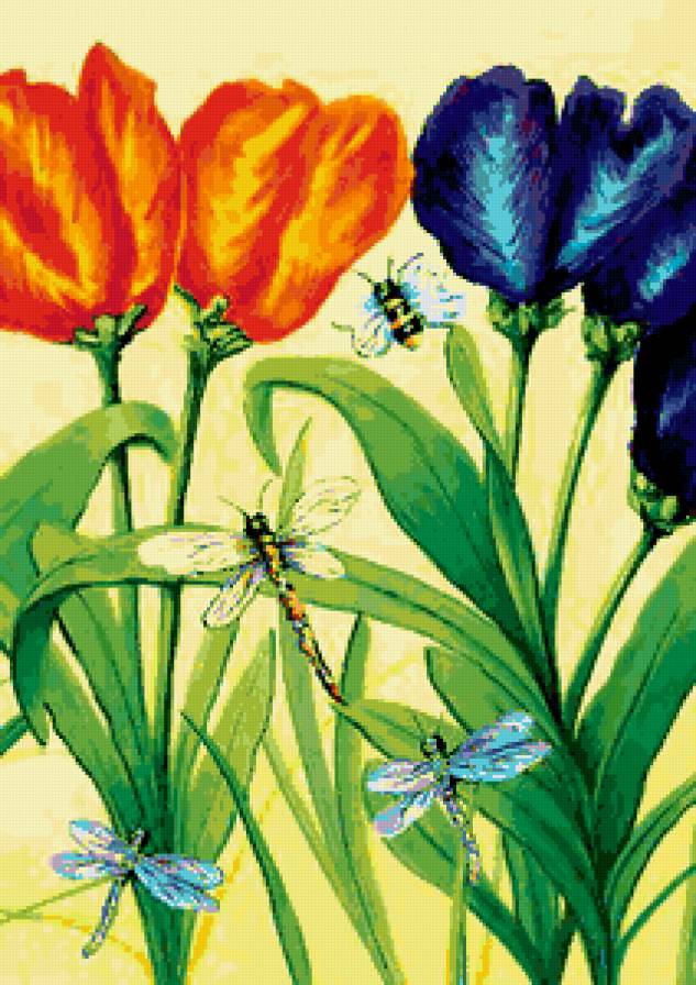 тюльпаны и стрекозы - тюльпаны, стрекозы, пчелки - предпросмотр