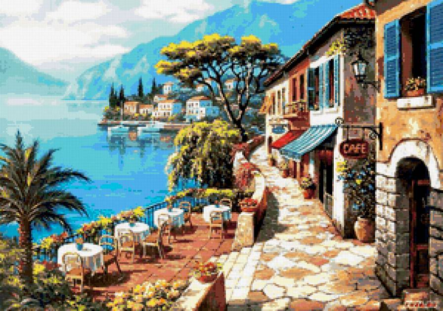 Город у моря - город, пейзаж, море, кафе - предпросмотр