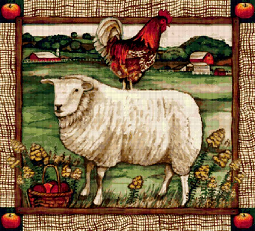 деревенские мотивы - овечка, деревня, домашние животные, петух - предпросмотр