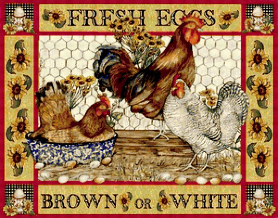 птичий двор - петух, куры, подсолнухи, корзина - предпросмотр