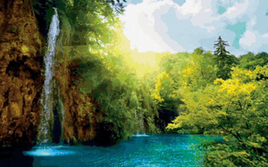 Райское место - солнце, водопад, озеро, деревья - предпросмотр