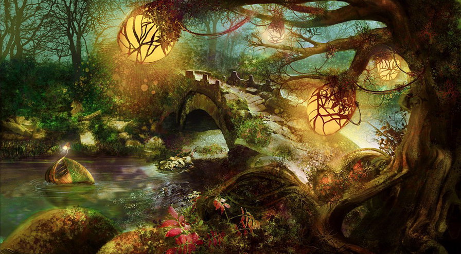 Сказочный мостик - мост, лес, фэнтэзи, сказка, река - оригинал