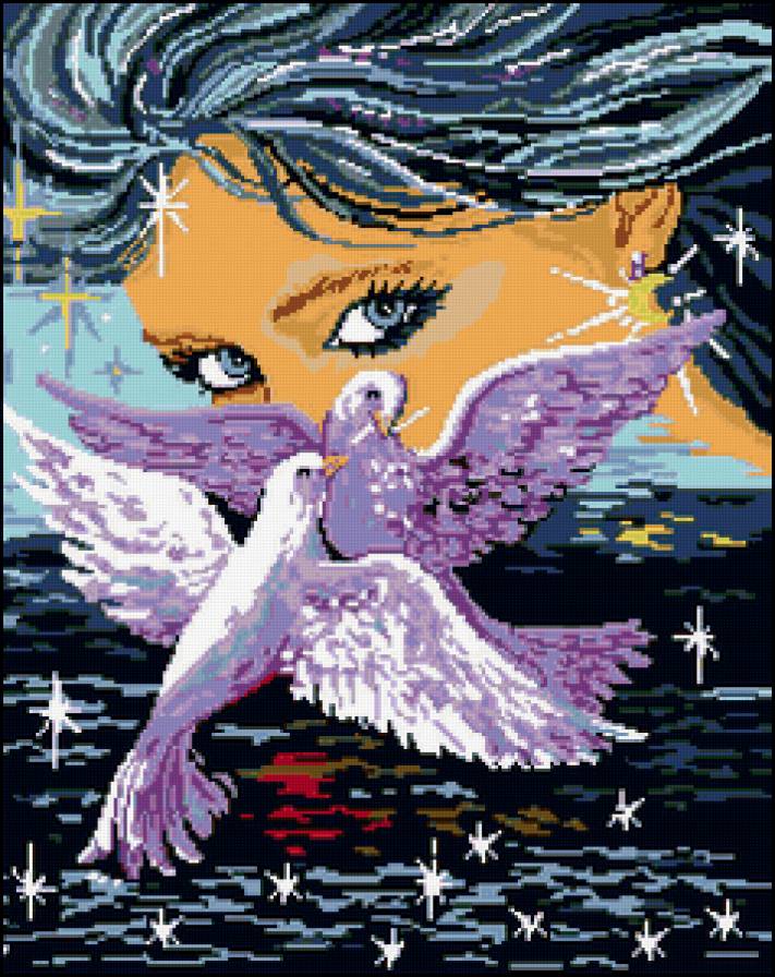 женщина и голуби - женщина, море, голуби - предпросмотр