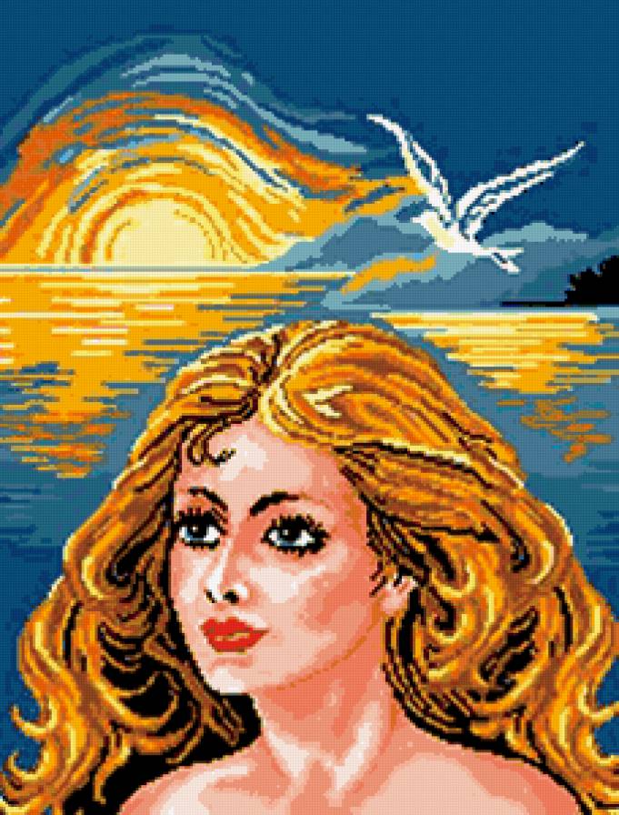 в лучах заката - девушка, море, закат, чайка - предпросмотр