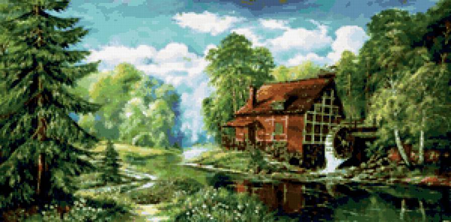 домик в лесу - лето, дом, мельница, лес, река - предпросмотр