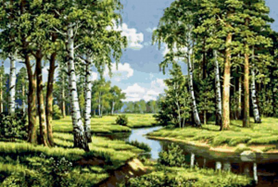 летний пейзаж - березы, лес, лето, речка - предпросмотр