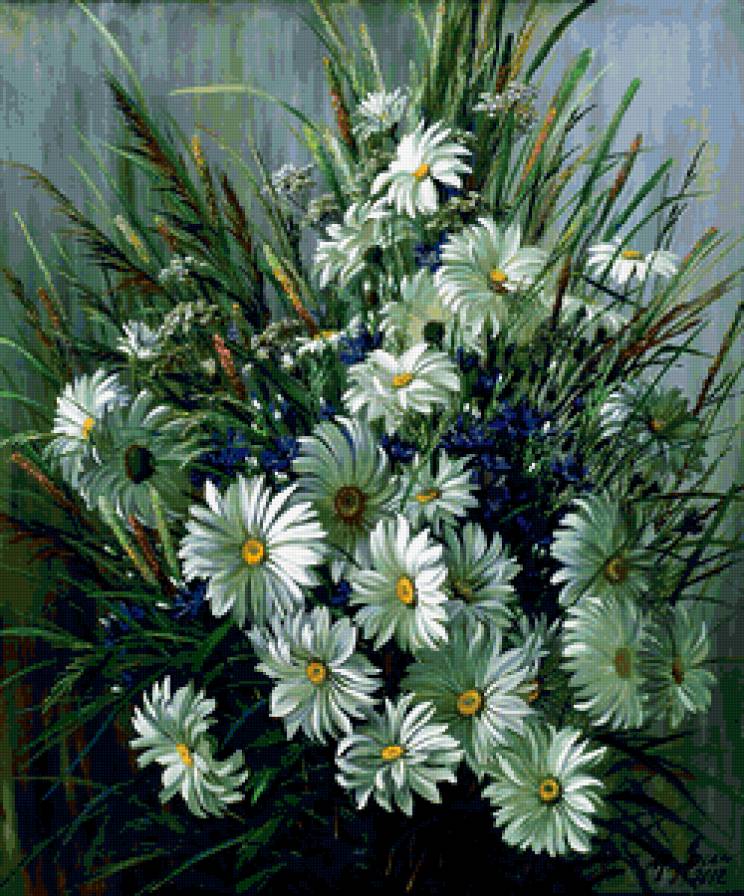 №401380 - цветы, букет, натюрморт, ромашки, живопись - предпросмотр