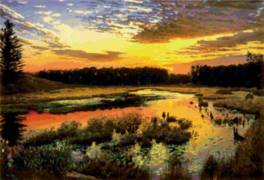 картина - природа, речка, закат - предпросмотр