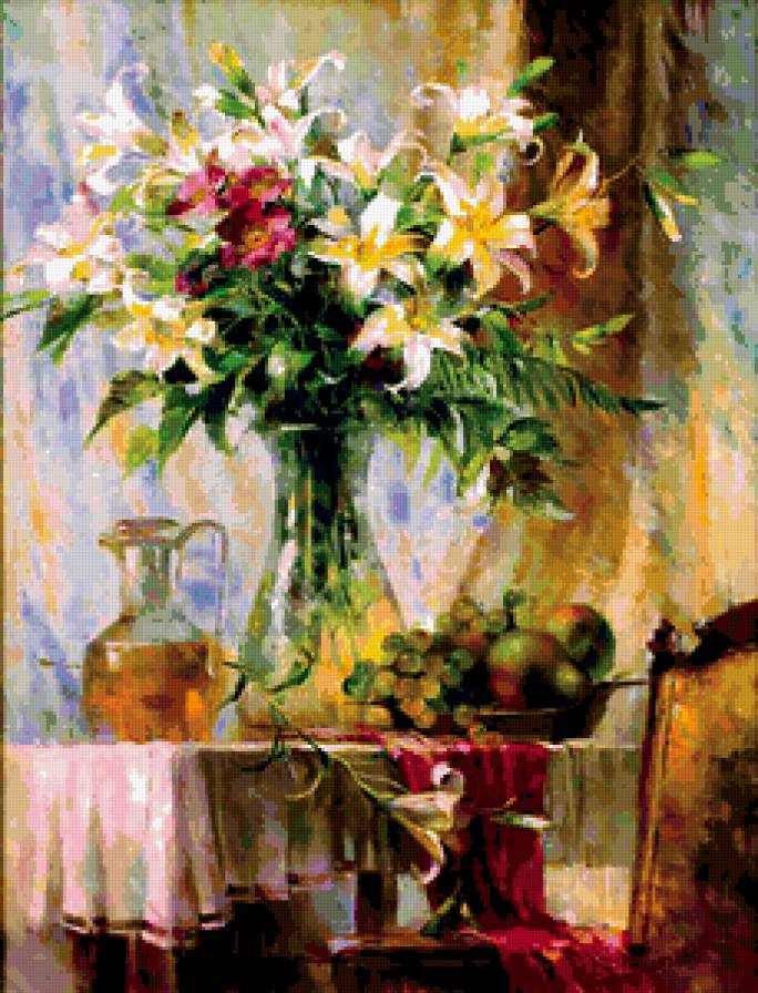 цветы - цветы и фрукты, натюрморт, живопись - предпросмотр