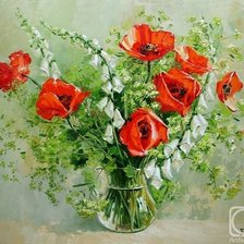 Схема вышивки «Маки и белые цветы в вазе»