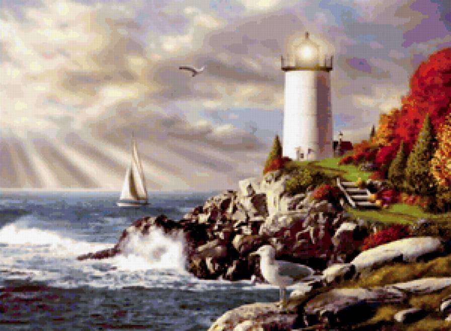 Маяк - маяк, пейзаж, море, закат, корабль, берег - предпросмотр