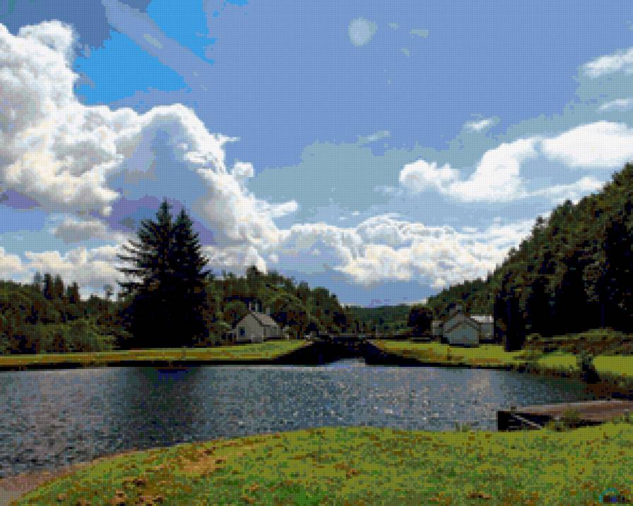 Дом у озера - природа, озеро, небо, пейзаж, дом - предпросмотр