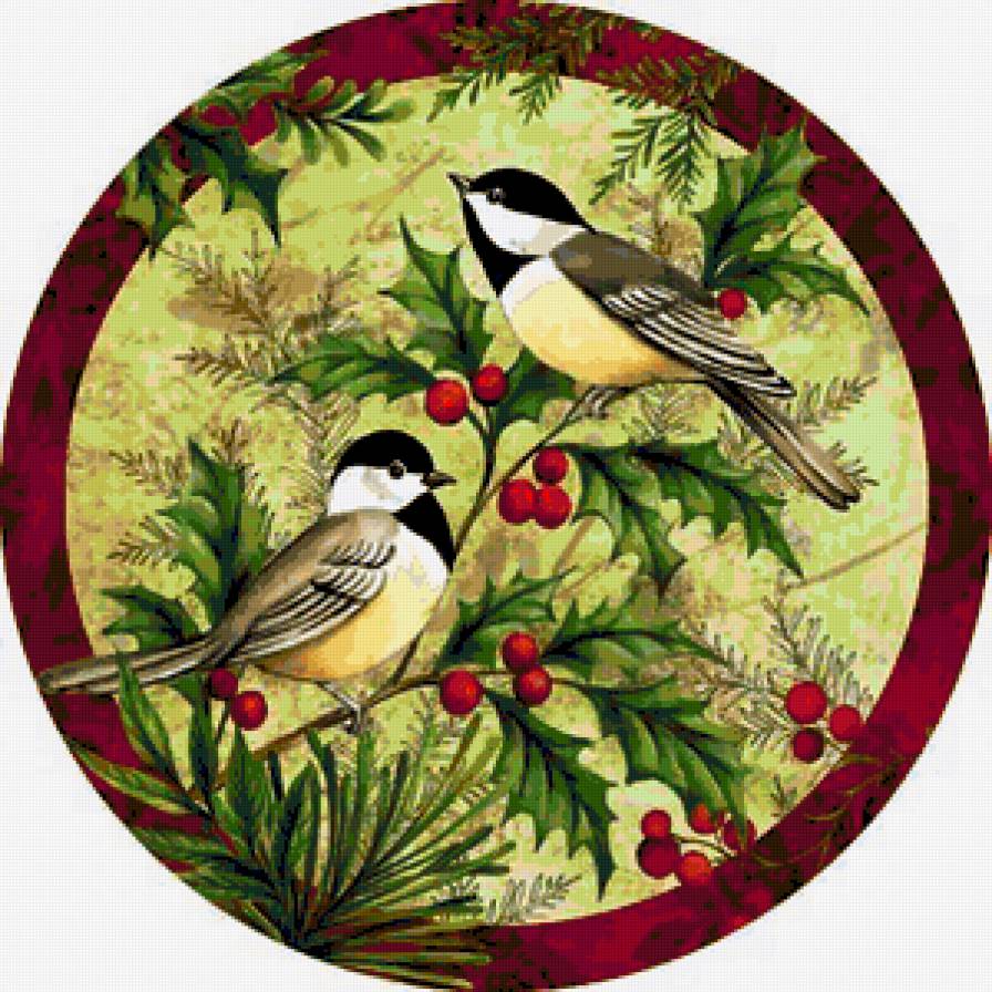 Панно с синичками - птицы, синички, животные, ягодки, рождество, птички, панно - предпросмотр