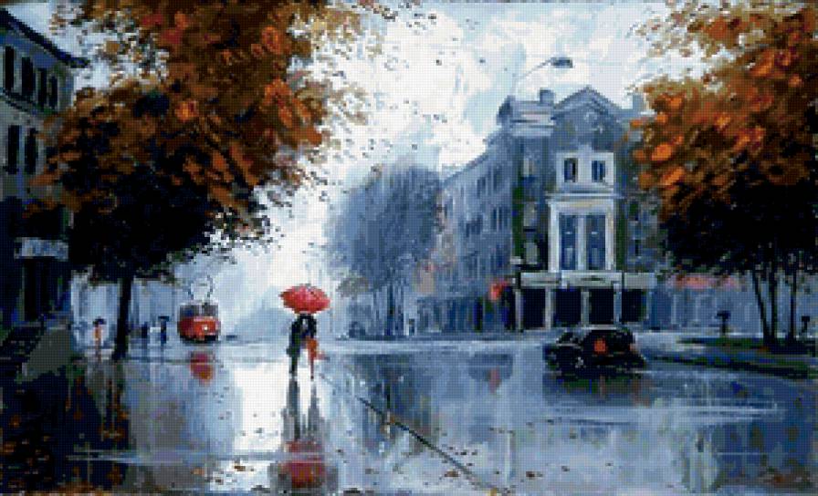 Под дождем - дождь, лужи, небо, осень, двое, дом, площадь - предпросмотр